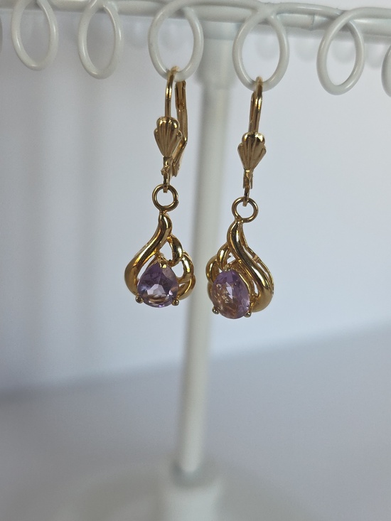 JTV Jewelry - 18K Yellow Gold Filled Amethyst Teardrop CZ Hoop Dangle Earrings